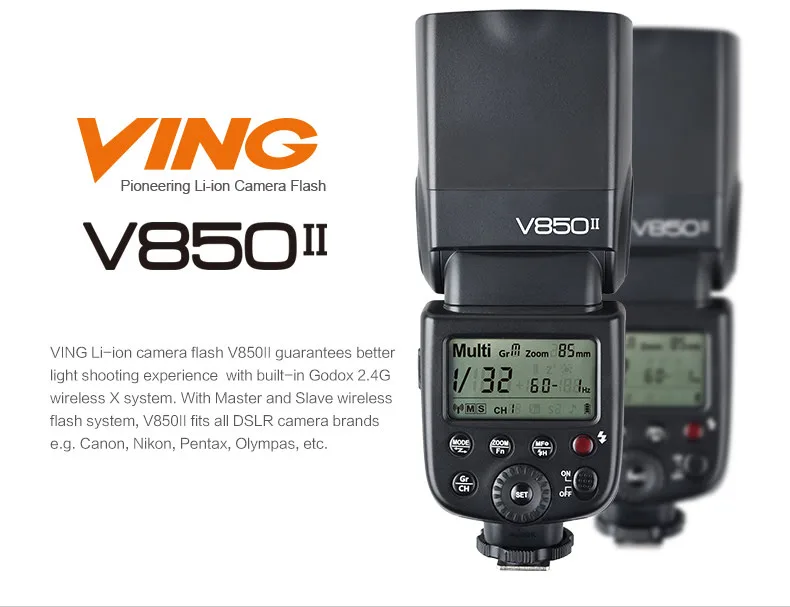 Godox V850II flash unit on camera